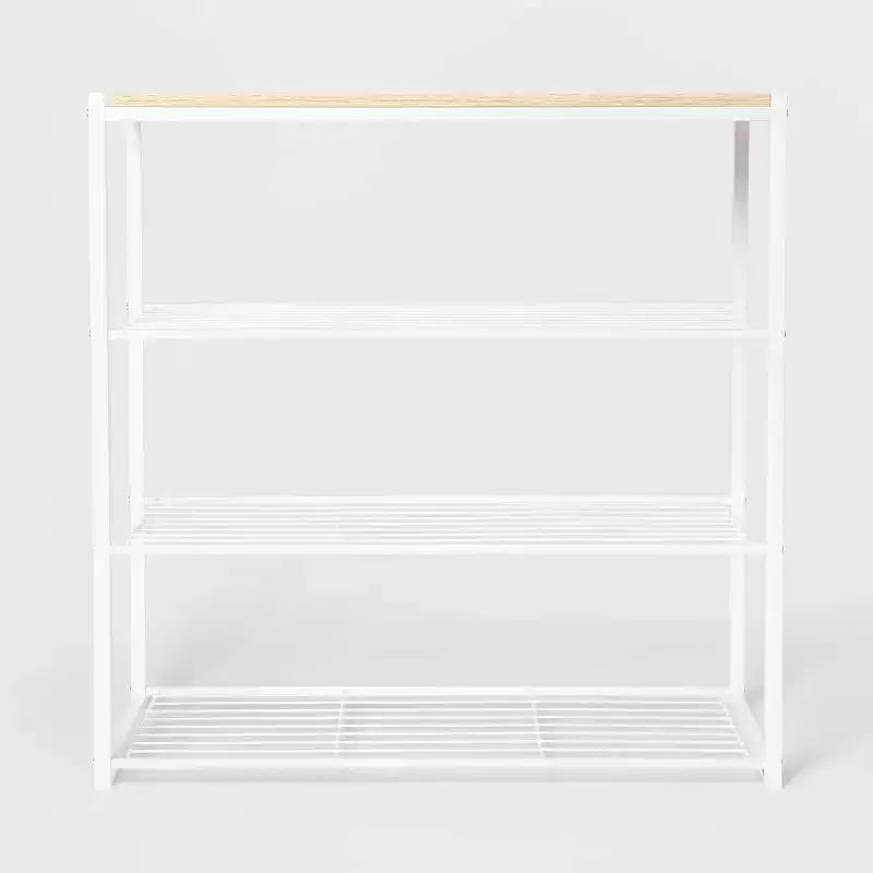 4 Tier Shoe Rack White Metal with Natural Wood - Brightroom™