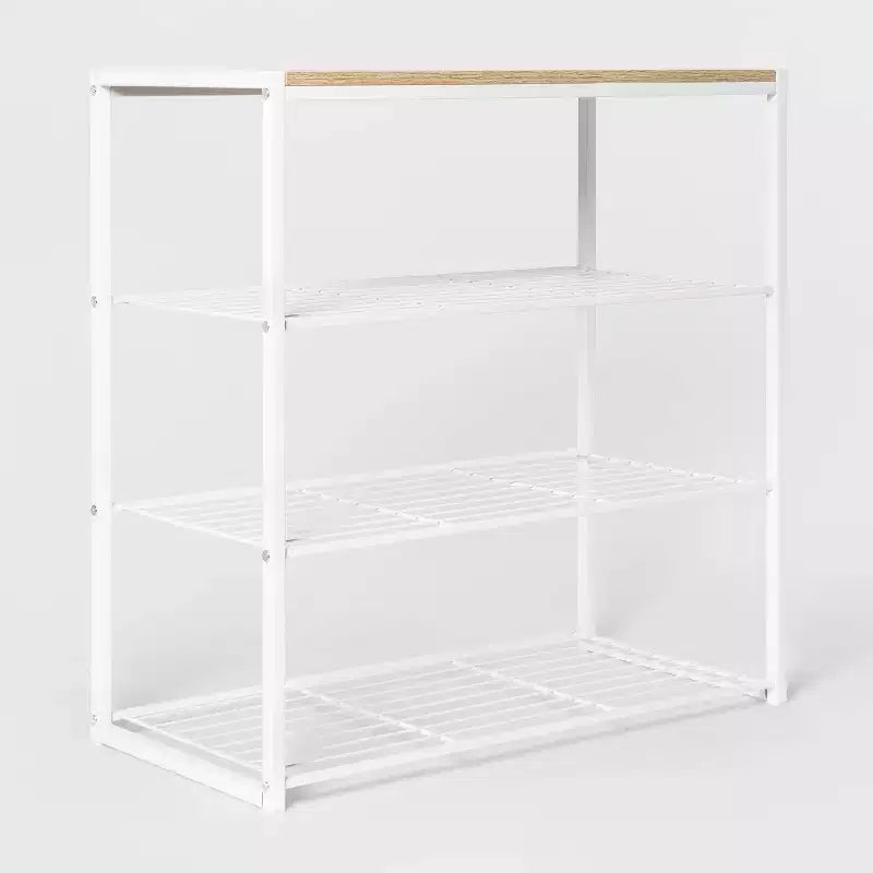 Scarpiera a 4 ripiani in metallo bianco con legno naturale