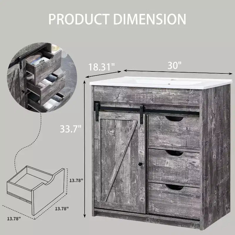Mobile bagno con lavabo, mobiletto lavabo da bagno in stile rustico largo 76 cm con ante scorrevoli a persiana e cassetti e ripiani regolabili