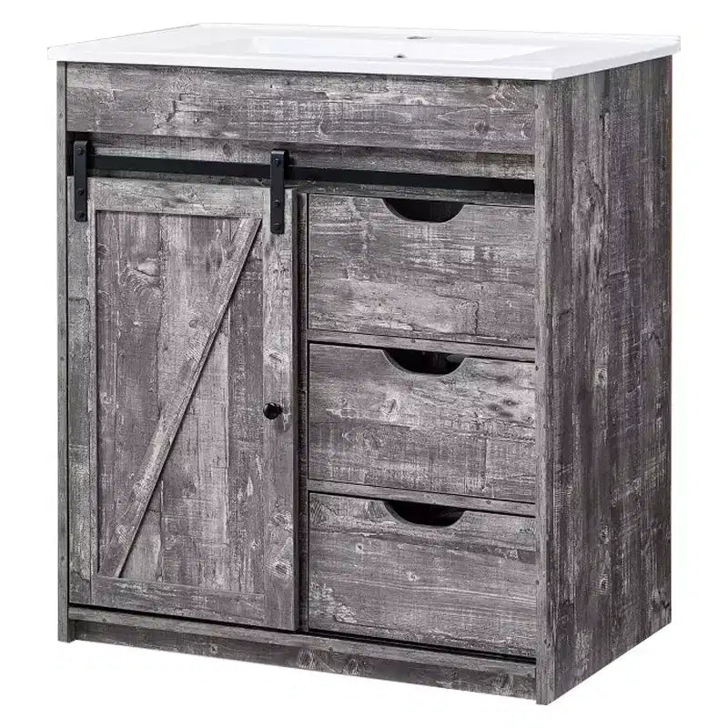 Mobile bagno con lavabo, mobiletto lavabo da bagno in stile rustico largo 76 cm con ante scorrevoli a persiana e cassetti e ripiani regolabili