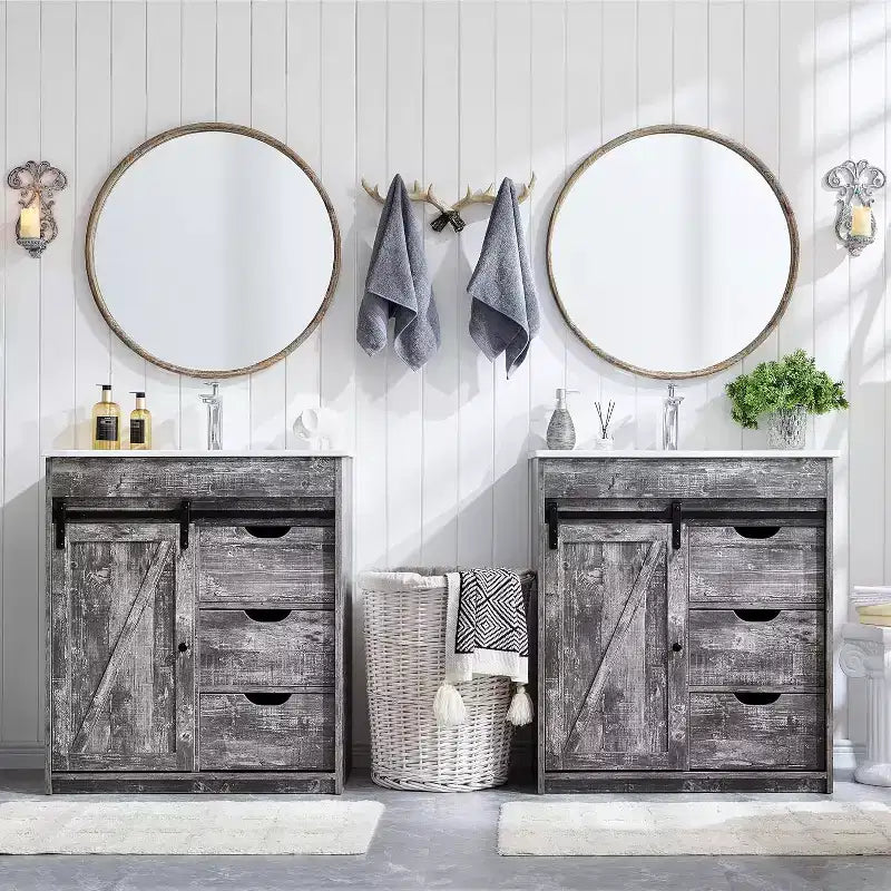 Mobile bagno con lavabo, mobiletto lavabo da bagno in stile rustico largo 76 cm con ante scorrevoli a persiana e cassetti e ripiani regolabili