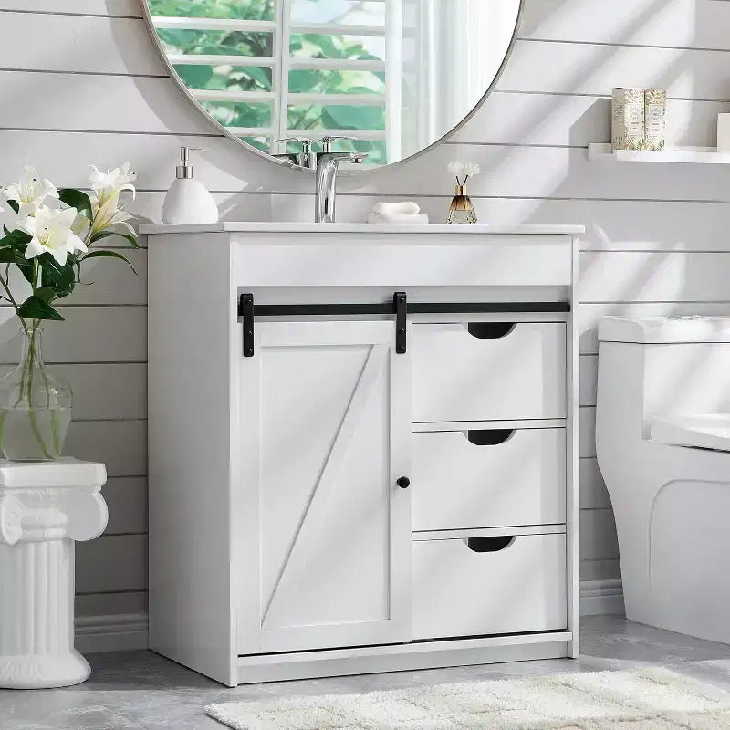Mobile bagno con lavabo, mobiletto lavabo da bagno in stile rustico largo 76 cm con ante scorrevoli a persiana e cassetti e ripiani regolabili