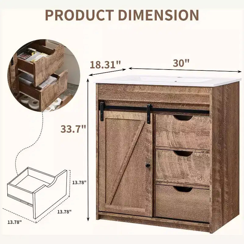 Mobile bagno con lavabo, mobiletto lavabo da bagno in stile rustico largo 76 cm con ante scorrevoli a persiana e cassetti e ripiani regolabili