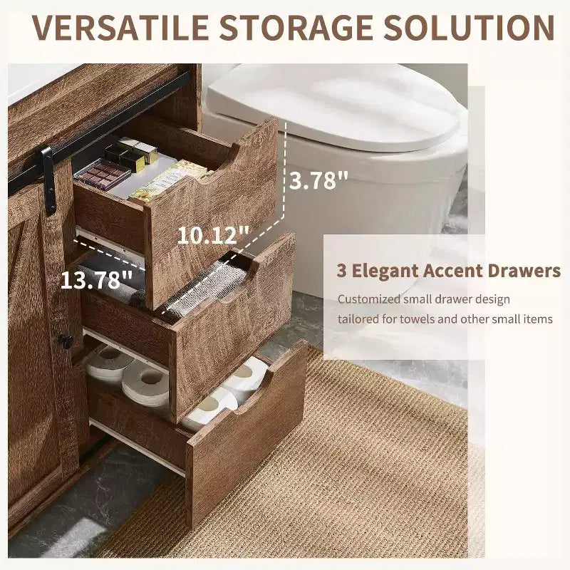 Mobile bagno con lavabo, mobiletto lavabo da bagno in stile rustico largo 76 cm con ante scorrevoli a persiana e cassetti e ripiani regolabili