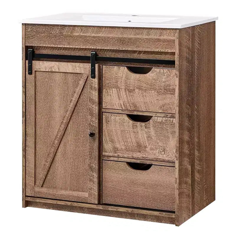 Mobile bagno con lavabo, mobiletto lavabo da bagno in stile rustico largo 76 cm con ante scorrevoli a persiana e cassetti e ripiani regolabili