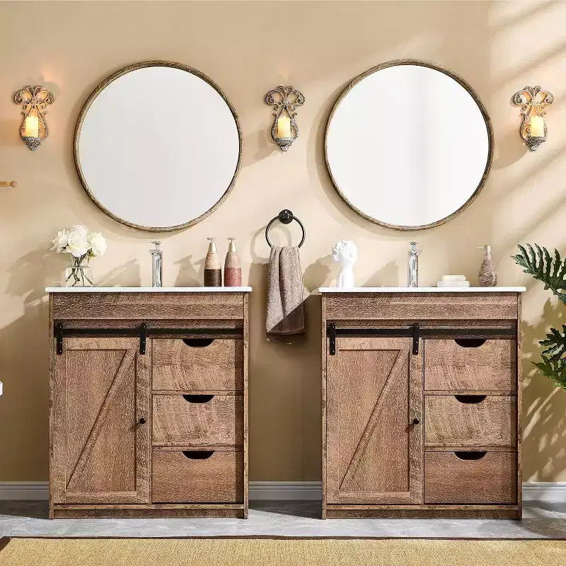Mobile bagno con lavabo, mobiletto lavabo da bagno in stile rustico largo 76 cm con ante scorrevoli a persiana e cassetti e ripiani regolabili