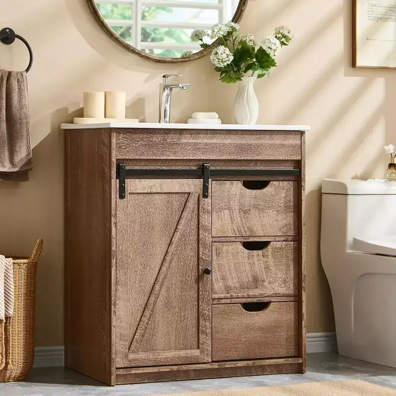 SinCiDo Bathroom Vanity with Sink, 30in Wide Farmhouse Bathroom Sink Cabinet with Sliding Barn Door & Drawers & Adjustable Shelves