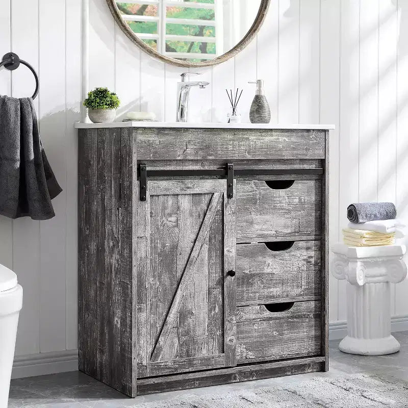 Mobile bagno con lavabo, mobiletto lavabo da bagno in stile rustico largo 76 cm con ante scorrevoli a persiana e cassetti e ripiani regolabili