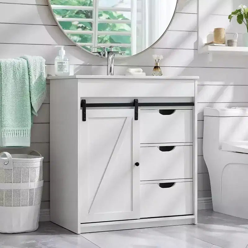 Mobile bagno con lavabo, mobiletto lavabo da bagno in stile rustico largo 76 cm con ante scorrevoli a persiana e cassetti e ripiani regolabili