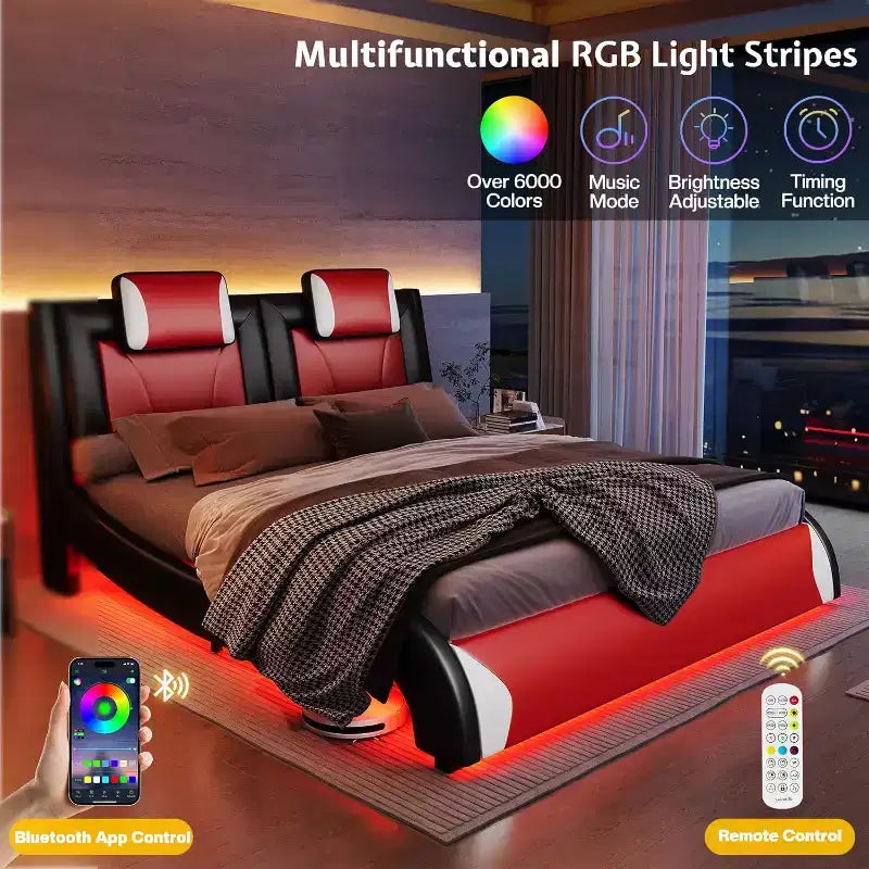 Letto con struttura a LED, letto a piattaforma rivestito in similpelle
