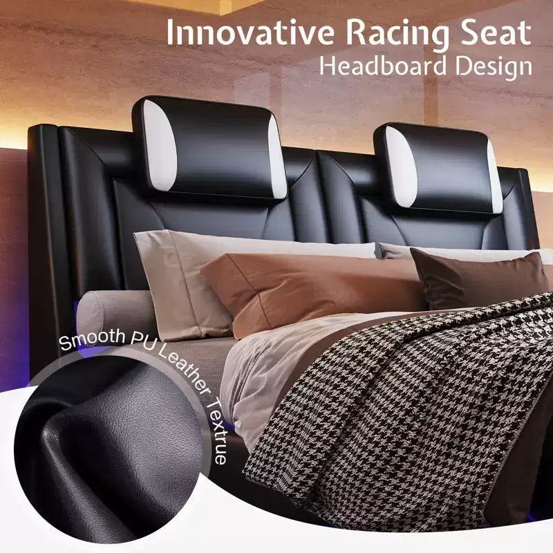 Letto con struttura a LED, letto a piattaforma rivestito in similpelle