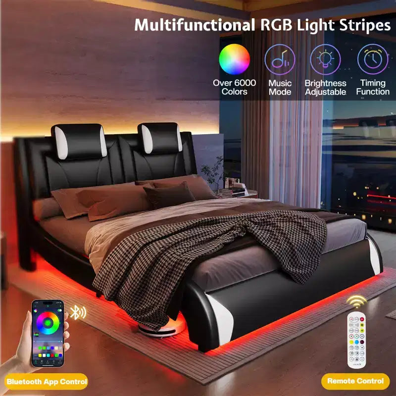 Letto con struttura a LED, letto a piattaforma rivestito in similpelle