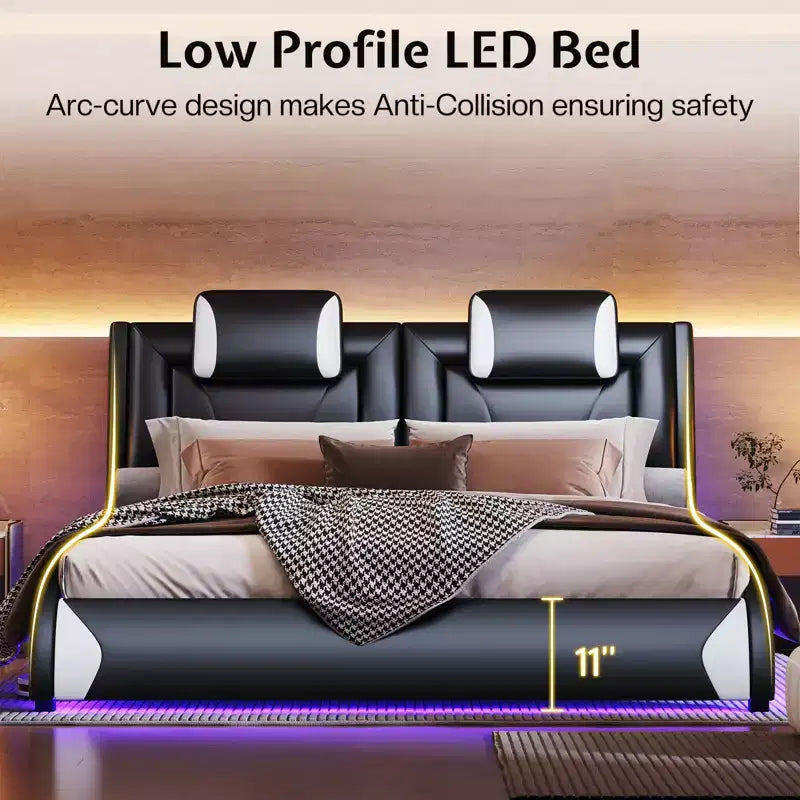 Letto con struttura a LED, letto a piattaforma rivestito in similpelle