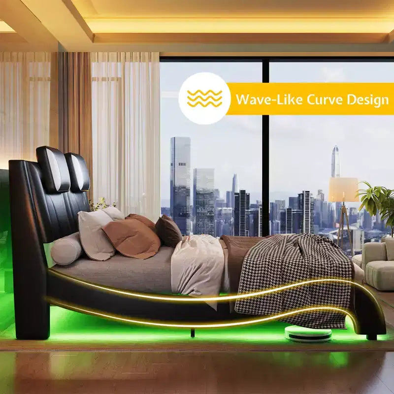 Letto con struttura a LED, letto a piattaforma rivestito in similpelle