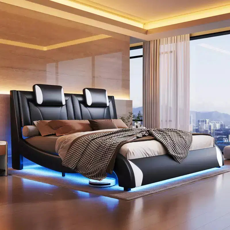 AMERLIFE LED Bed Frame, Faux Leather Upholstered Platform Bed