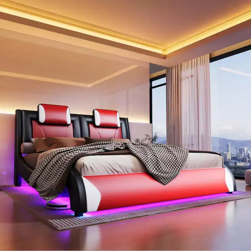 Letto con struttura a LED, letto a piattaforma rivestito in similpelle
