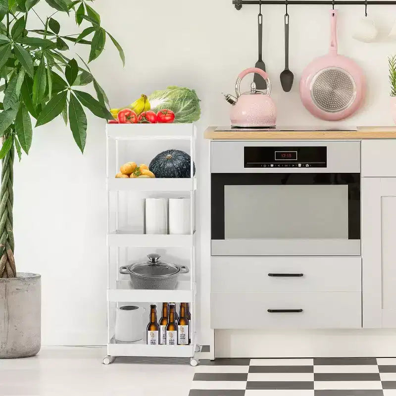 Carrello a 5 ripiani con ruote, organizer da bagno, carrello multiuso, scaffale mobile con ripiani estraibili, nero