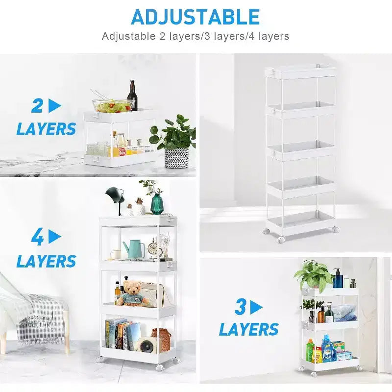 Carrello a 5 ripiani con ruote, organizer da bagno, carrello multiuso, scaffale mobile con ripiani estraibili, nero