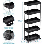 Carrello a 5 ripiani con ruote, organizer da bagno, carrello multiuso, scaffale mobile con ripiani estraibili, nero