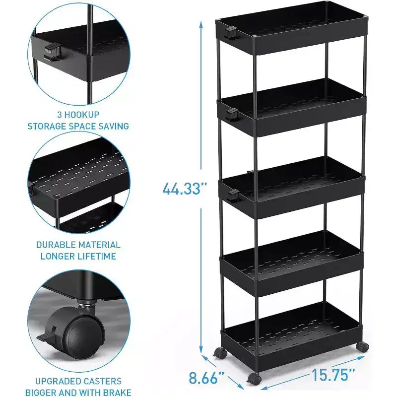 Carrello a 5 ripiani con ruote, organizer da bagno, carrello multiuso, scaffale mobile con ripiani estraibili, nero