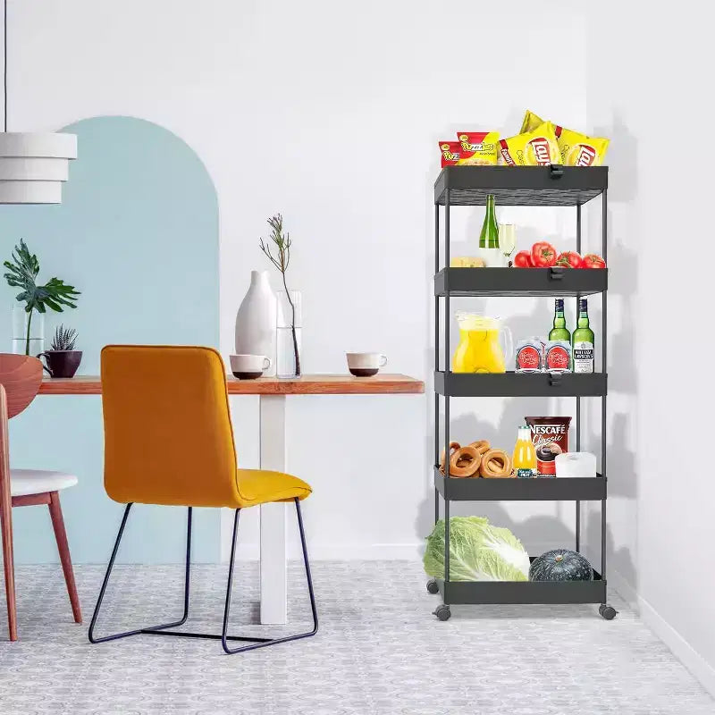 Carrello a 5 ripiani con ruote, organizer da bagno, carrello multiuso, scaffale mobile con ripiani estraibili, nero