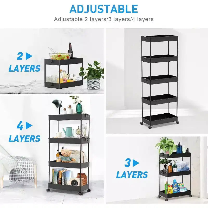 Carrello a 5 ripiani con ruote, organizer da bagno, carrello multiuso, scaffale mobile con ripiani estraibili, nero
