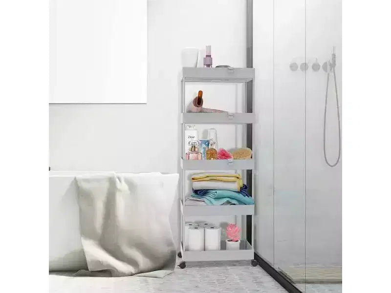 Carrello a 5 ripiani con ruote, organizer da bagno, carrello multiuso, scaffale mobile con ripiani estraibili, nero