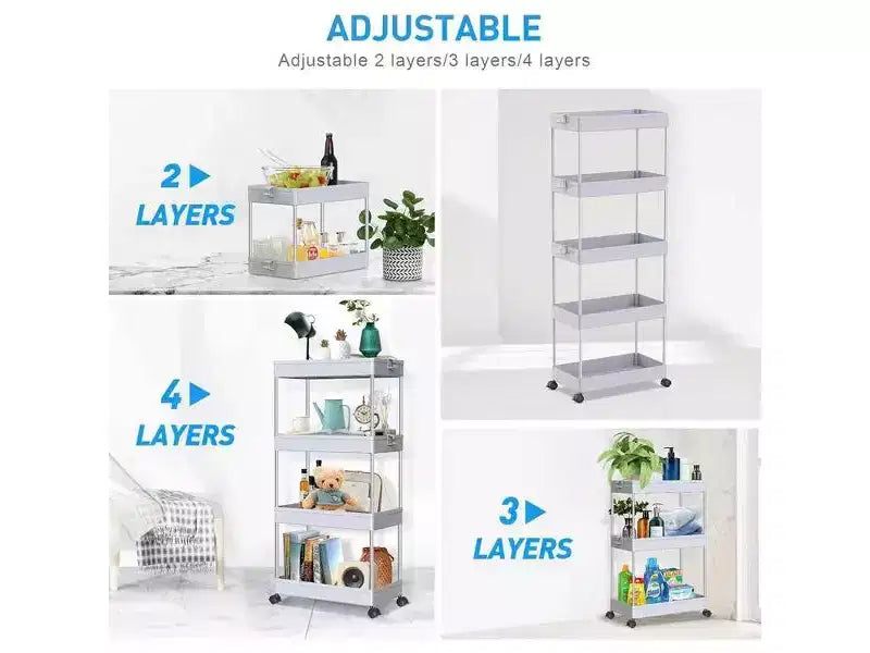 Carrello a 5 ripiani con ruote, organizer da bagno, carrello multiuso, scaffale mobile con ripiani estraibili, nero