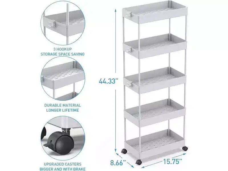 Carrello a 5 ripiani con ruote, organizer da bagno, carrello multiuso, scaffale mobile con ripiani estraibili, nero