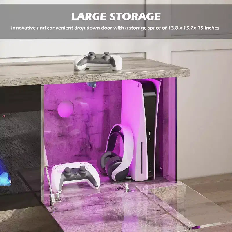 Mobile TV da 70" con luci a LED, ante a ribalta e vetrina angolare