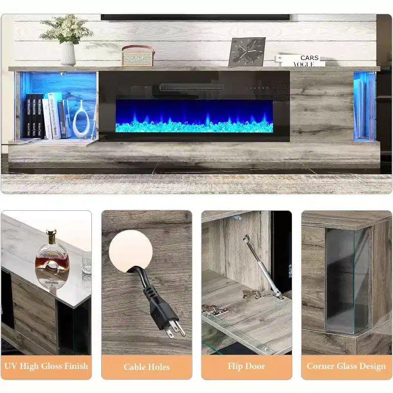 Mobile TV da 70" con luci a LED, ante a ribalta e vetrina angolare