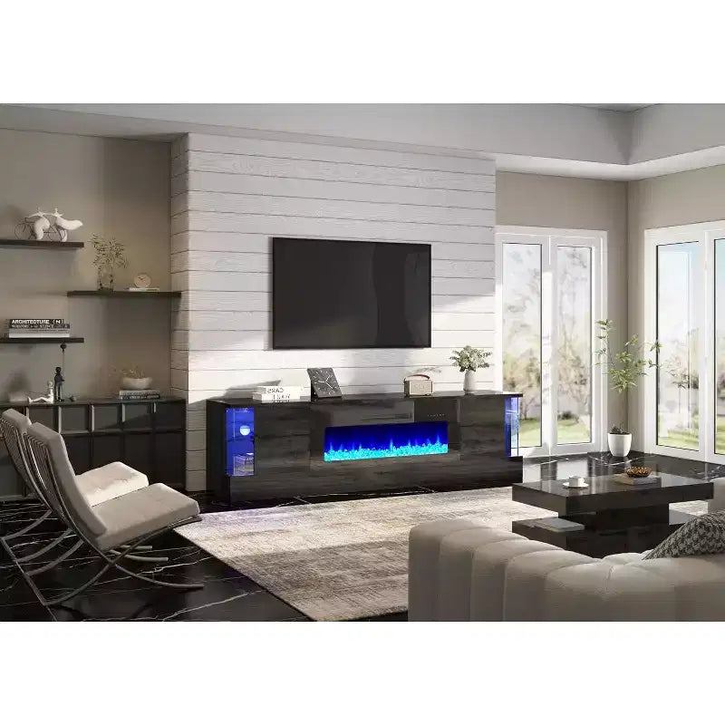 Mobile TV da 70" con luci a LED, ante a ribalta e vetrina angolare