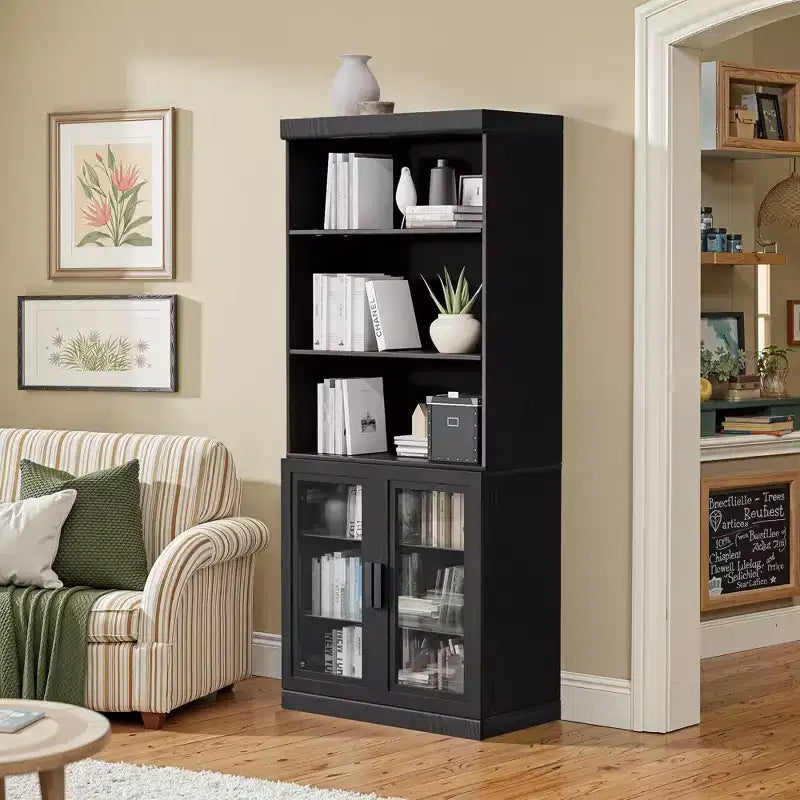 72x31x16 Credenza in legno con ante in vetro, armadietto contenitore nero con ripiani regolabili per cucina, camera da letto, soggiorno/sala da pranzo