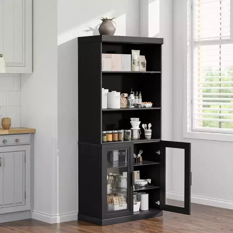 72x31x16 Credenza in legno con ante in vetro, armadietto contenitore nero con ripiani regolabili per cucina, camera da letto, soggiorno/sala da pranzo