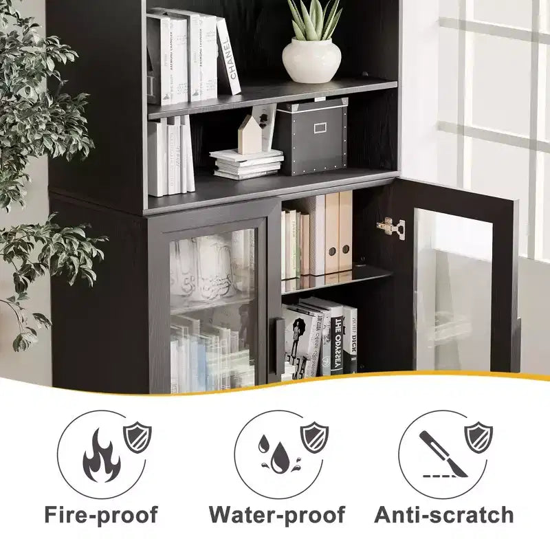 72x31x16 Credenza in legno con ante in vetro, armadietto contenitore nero con ripiani regolabili per cucina, camera da letto, soggiorno/sala da pranzo