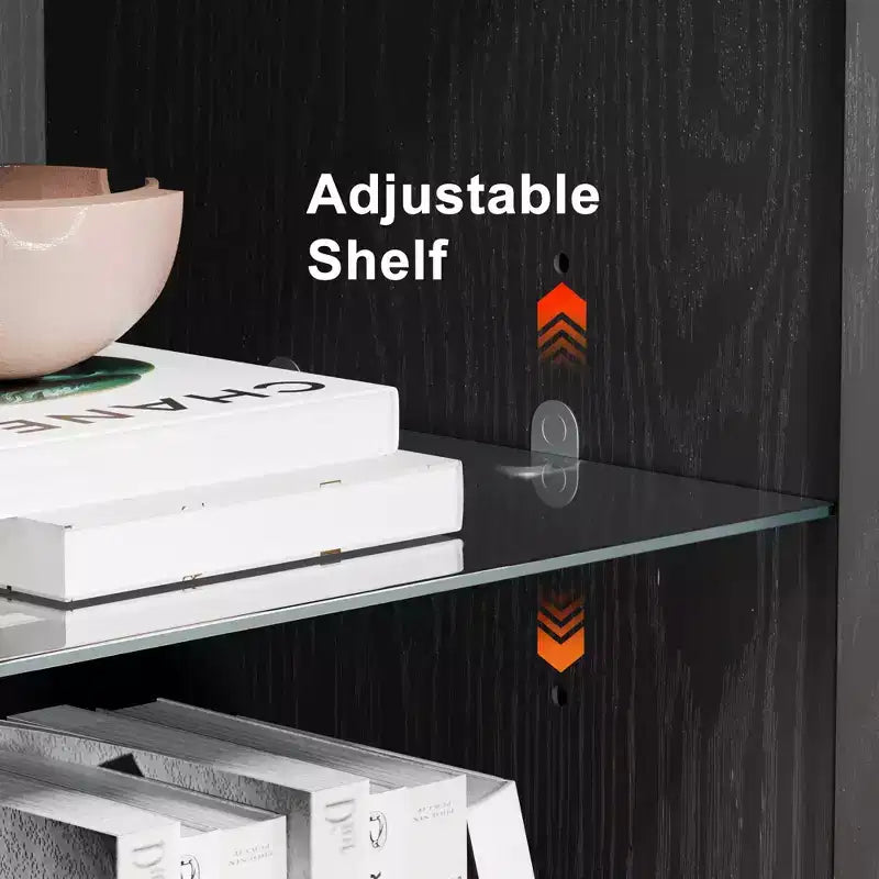 72x31x16 Credenza in legno con ante in vetro, armadietto contenitore nero con ripiani regolabili per cucina, camera da letto, soggiorno/sala da pranzo