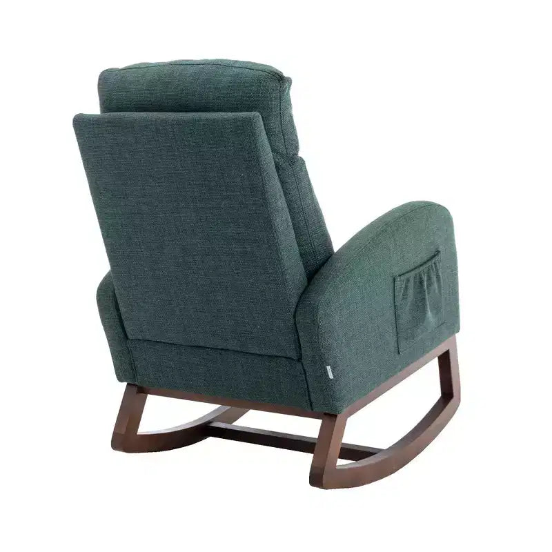 Sedia a dondolo imbottita con gambe in legno e tasca laterale, comoda poltrona lounge per soggiorno, camera da letto