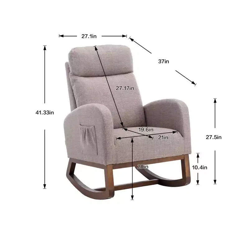 Sedia a dondolo imbottita con gambe in legno e tasca laterale, comoda poltrona lounge per soggiorno, camera da letto