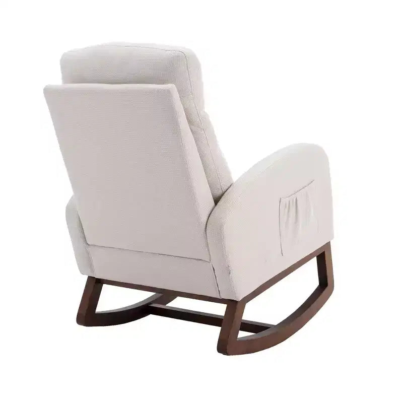 Sedia a dondolo imbottita con gambe in legno e tasca laterale, comoda poltrona lounge per soggiorno, camera da letto