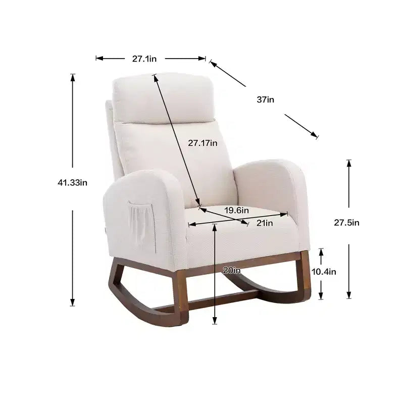 Sedia a dondolo imbottita con gambe in legno e tasca laterale, comoda poltrona lounge per soggiorno, camera da letto