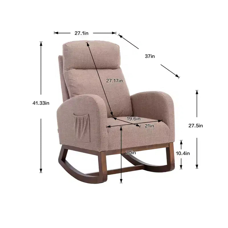 Sedia a dondolo imbottita con gambe in legno e tasca laterale, comoda poltrona lounge per soggiorno, camera da letto