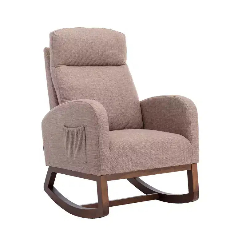 Sedia a dondolo imbottita con gambe in legno e tasca laterale, comoda poltrona lounge per soggiorno, camera da letto