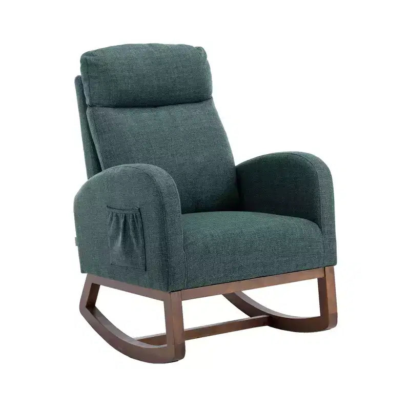 Sedia a dondolo imbottita con gambe in legno e tasca laterale, comoda poltrona lounge per soggiorno, camera da letto