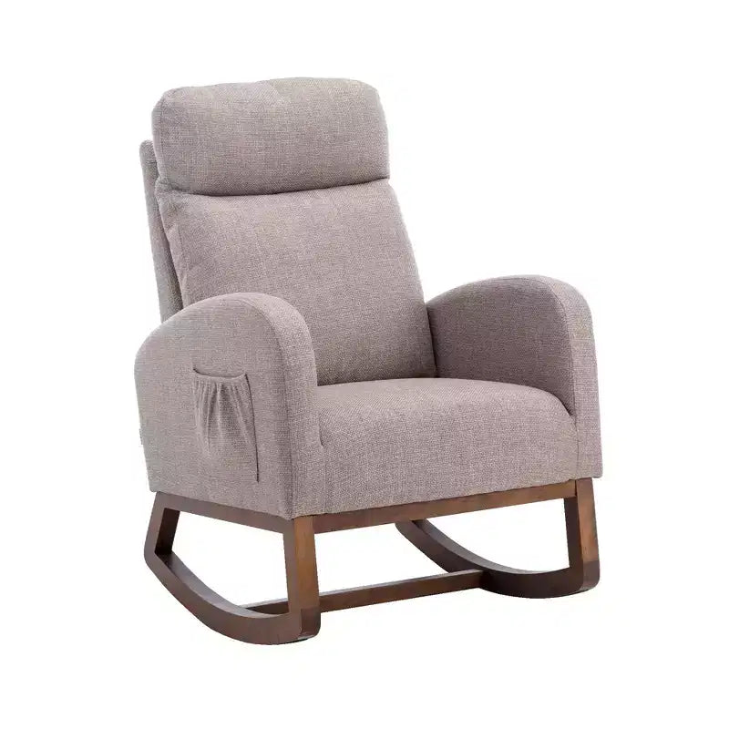 Sedia a dondolo imbottita con gambe in legno e tasca laterale, comoda poltrona lounge per soggiorno, camera da letto