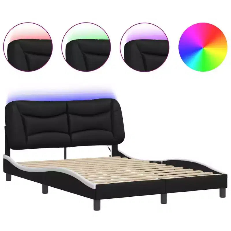vidaXL LED-Lit Full Size Bed Frame in Black/White - 53.9x74.8 with Faux Leather Finish, Plywood Slats, and Comfort Headboard Cushion