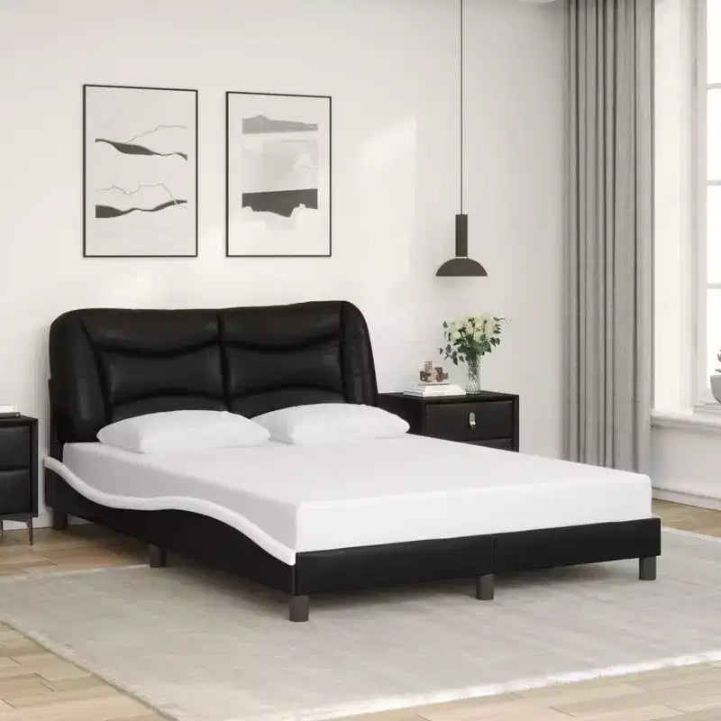 Struttura letto matrimoniale illuminata a LED in bianco/nero - Finitura in similpelle, doghe in compensato, cuscino testiera comfort