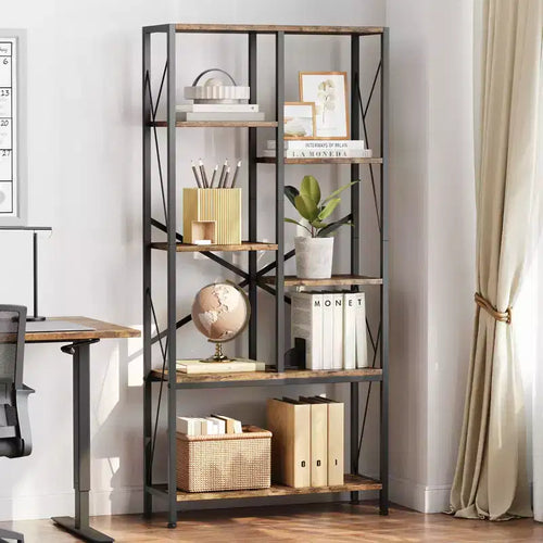 Libreria vintage a 5 ripiani su due livelli da 80 cm, scaffali rustici da fattoria, espositore di grande capacità, struttura in metallo, per camera da letto