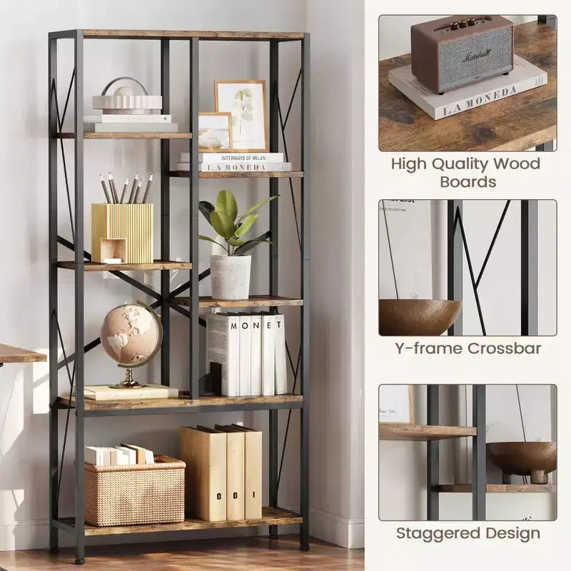 Libreria vintage a 5 ripiani su due livelli da 80 cm, scaffali rustici da fattoria, espositore di grande capacità, struttura in metallo, per camera da letto