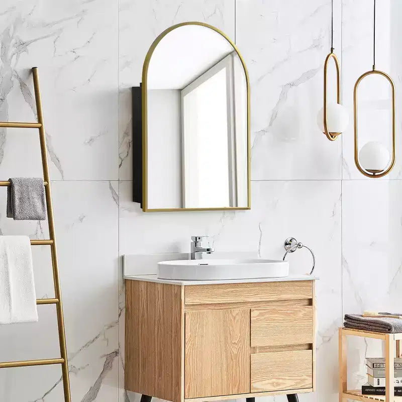 Mobiletto a specchio ad arco dorato per bagno da 36 x 24 pollici