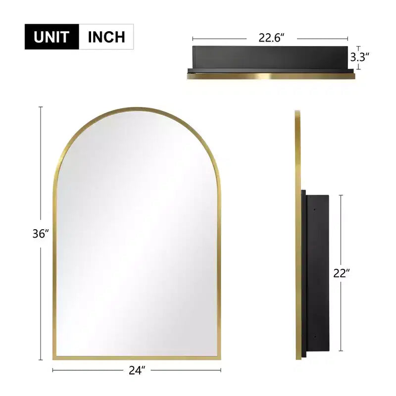 Mobiletto a specchio ad arco dorato per bagno da 36 x 24 pollici
